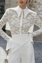 Dara White Lace Flare Cuff Collared Blouse Avalabel