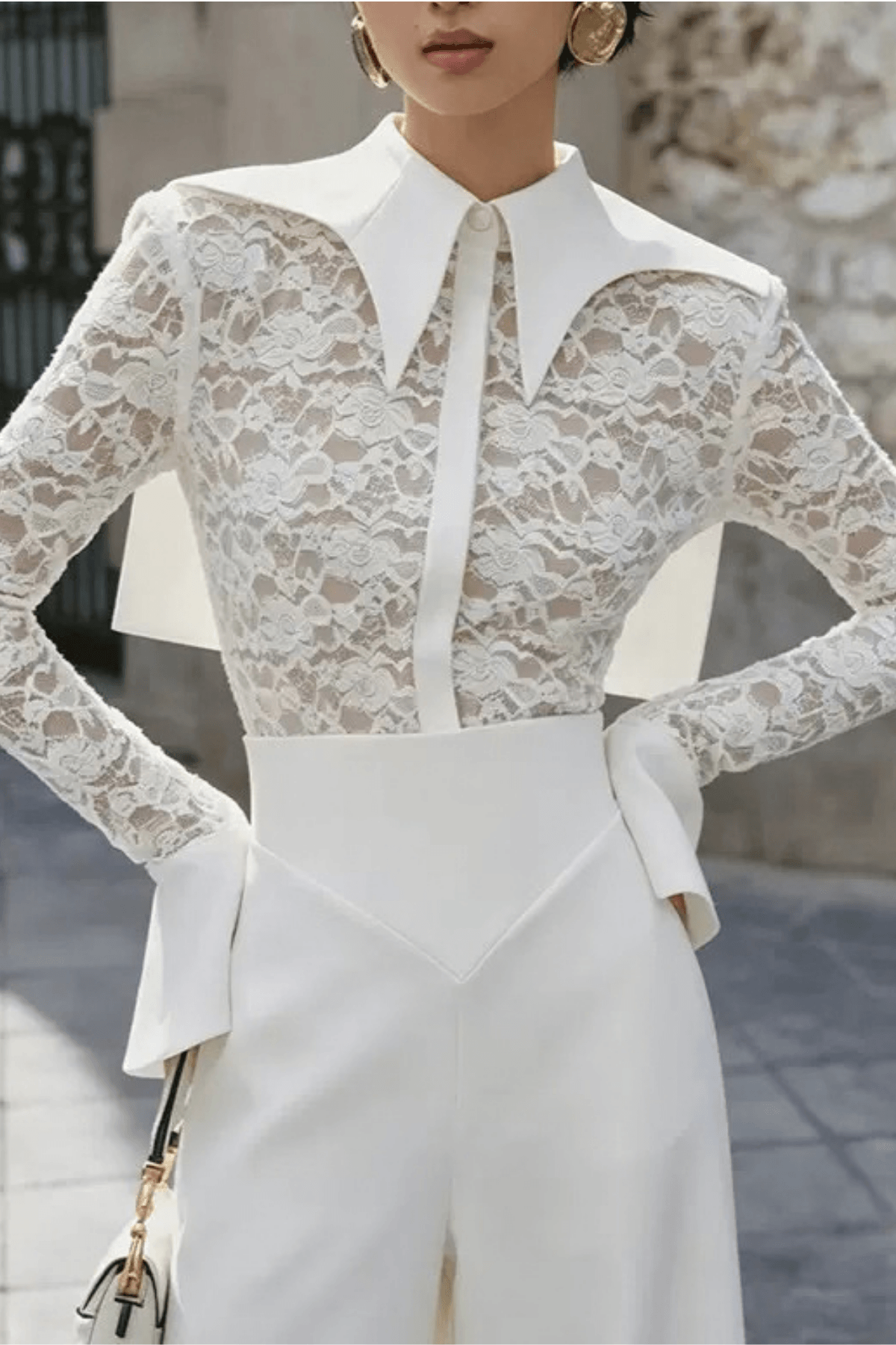 Dara White Lace Flare Cuff Collared Blouse Avalabel