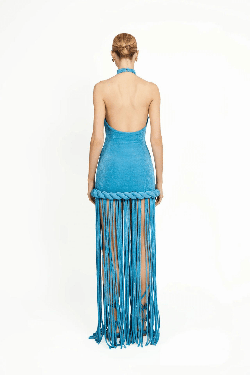 Aura Blue Halter Sleeveless Fringe Maxi Dress Avalabel