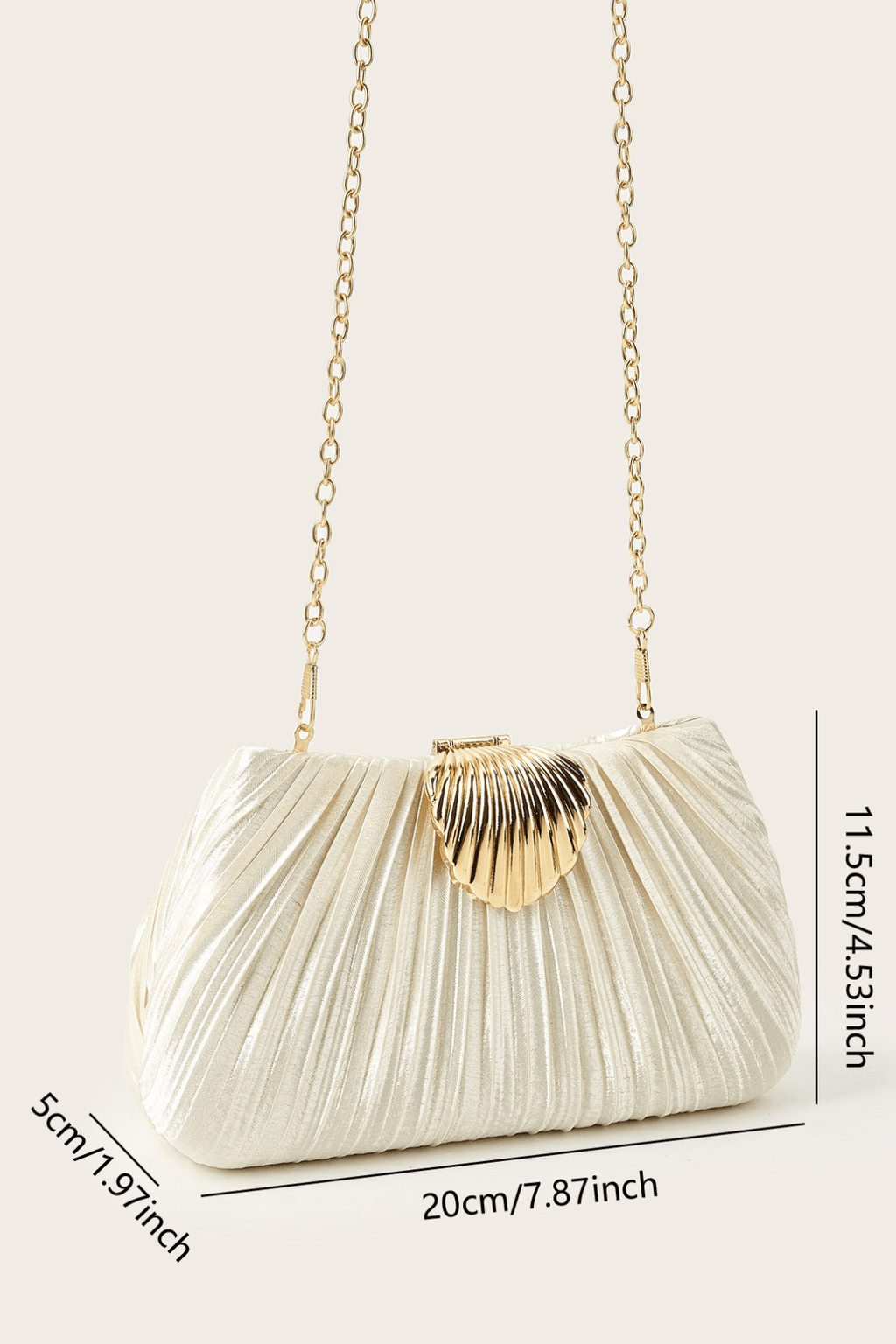 Ivory Pleated Satin Shell Clasp Formal Clutch Avalabel
