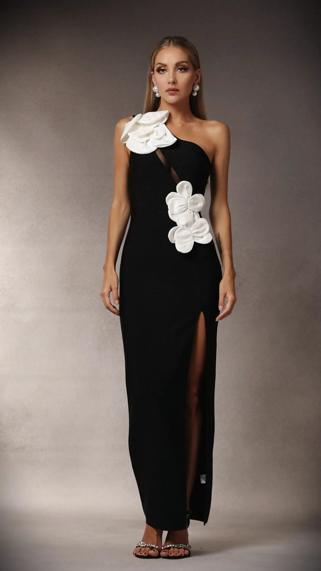 Black Heloise Flowers Slit One Shoulder Bandage Maxi Dress Avalabel