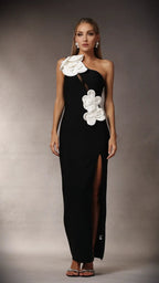 Black Heloise Flowers Slit One Shoulder Bandage Maxi Dress Avalabel