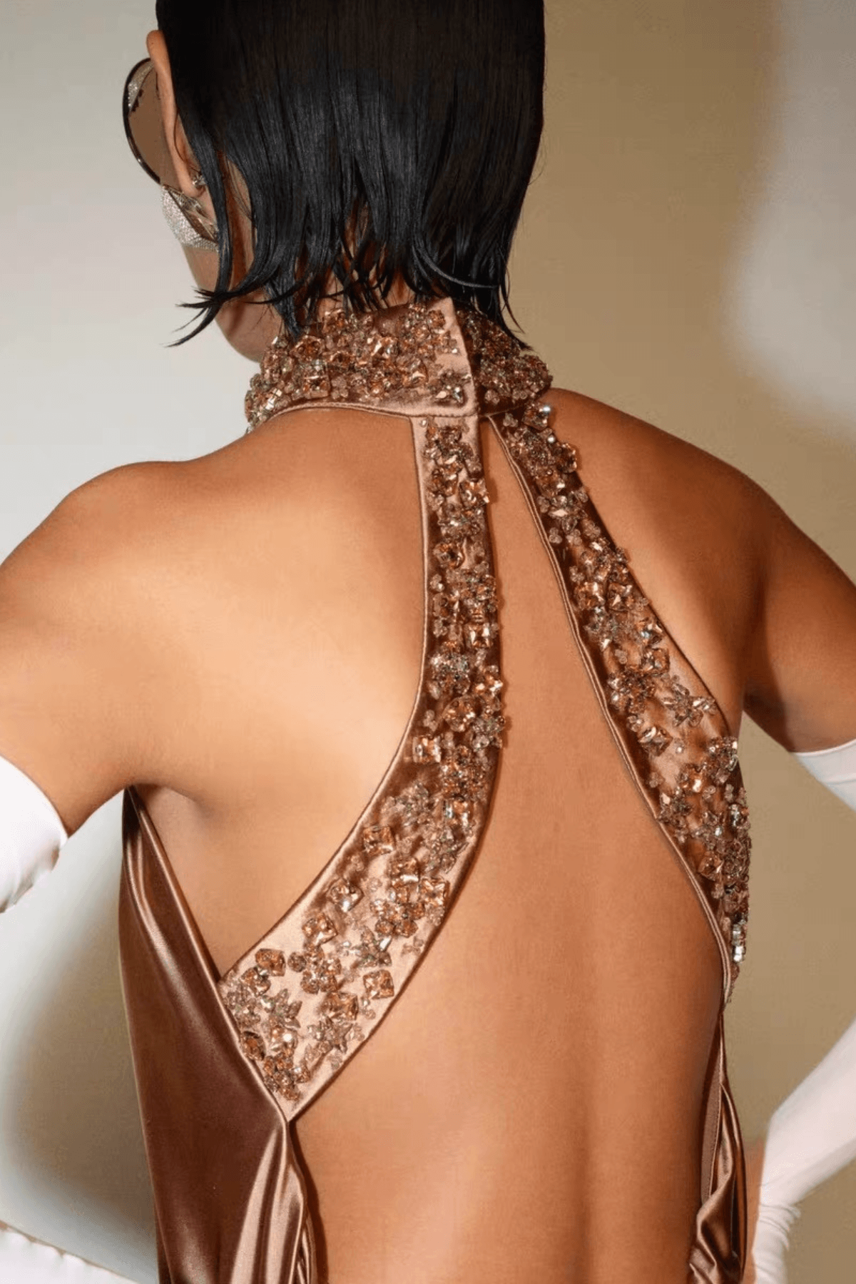 Lucy Gold Rhinestone Halter Backless Mini Dress Avalabel