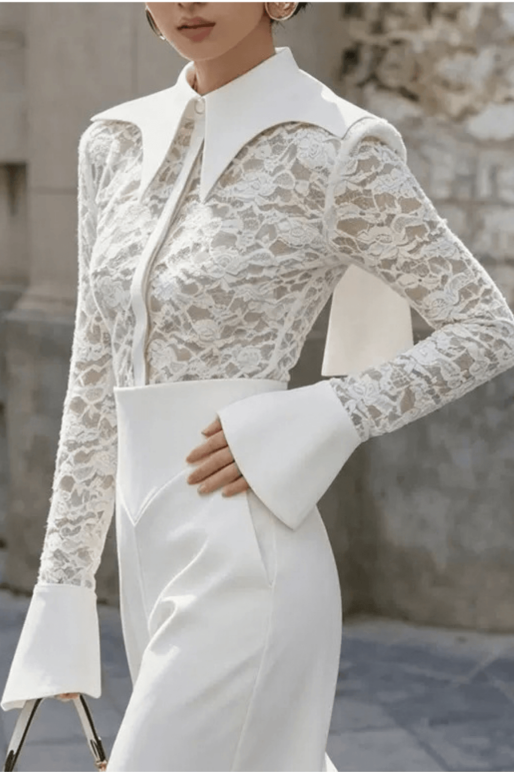 Dara White Lace Flare Cuff Collared Blouse Avalabel