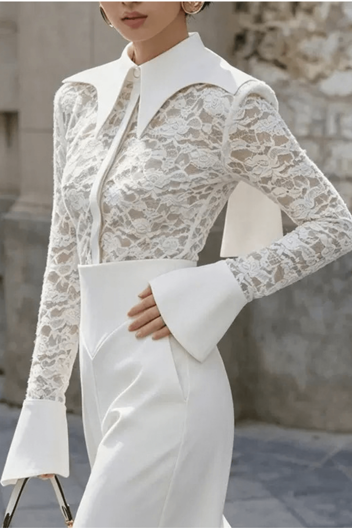 Dara White Lace Flare Cuff Collared Blouse Avalabel