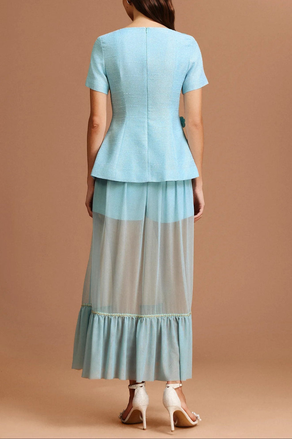 ursula blue Short Sleeves Flowers Folds Top And Skirt Two-Piece Set Avalabel