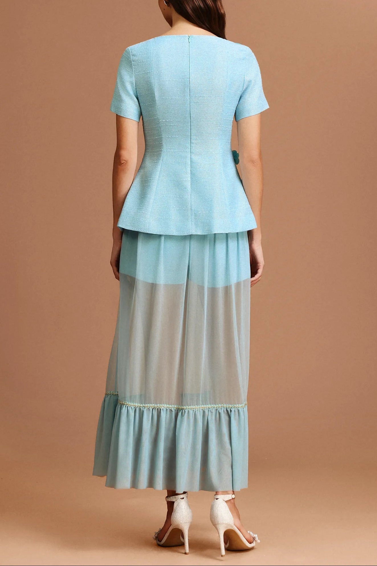 ursula blue Short Sleeves Flowers Folds Top And Skirt Two-Piece Set Avalabel
