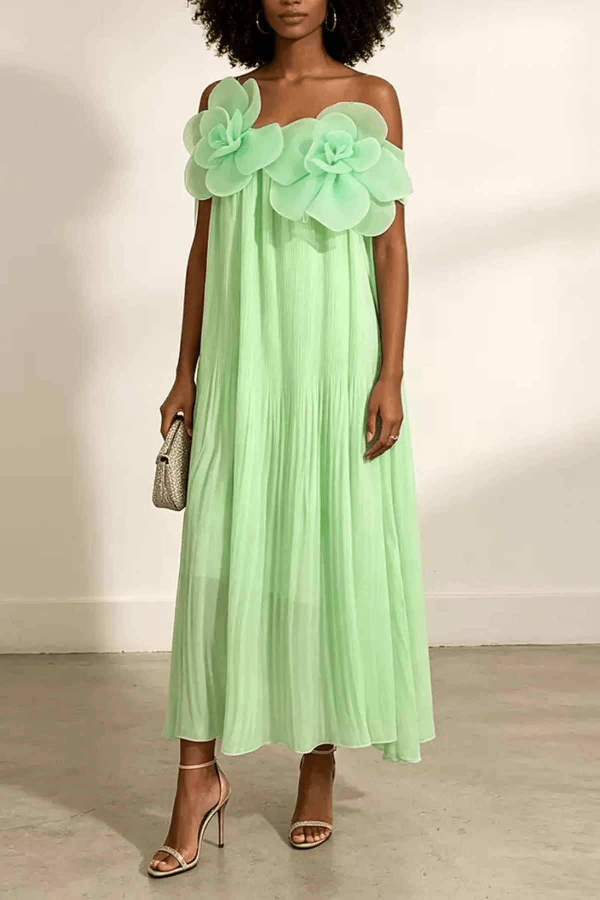 Aria Green 3D Floral Off Shoulder Pleated Midi Dress Avalabel