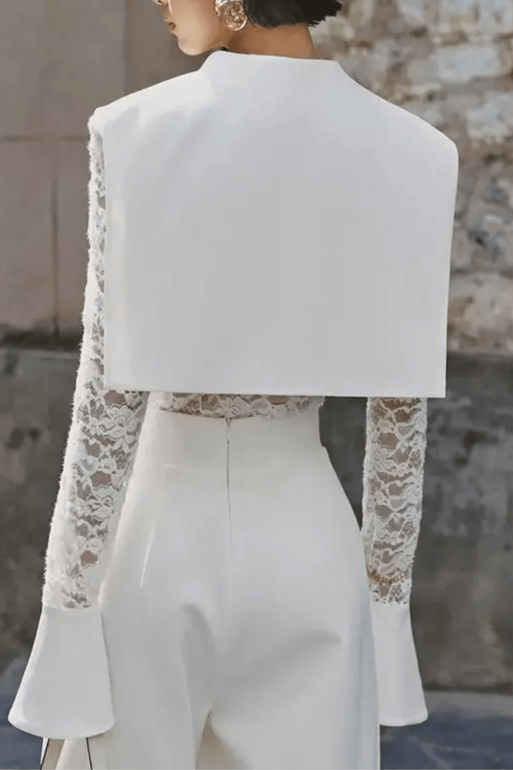 Dara White Lace Flare Cuff Collared Blouse Avalabel