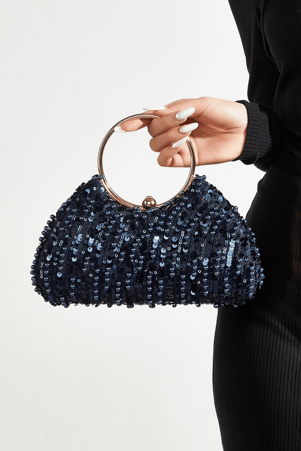 Sequin Beaded Ring Handle Formal Clutch Avalabel