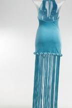 Aura Blue Halter Sleeveless Fringe Maxi Dress Avalabel