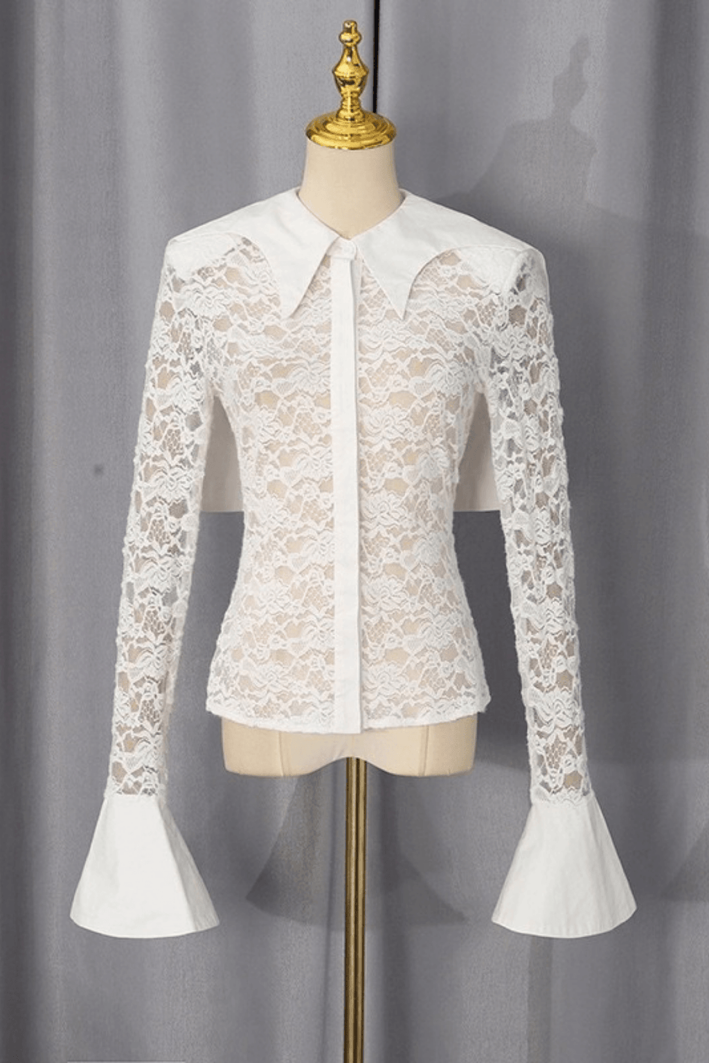 Dara White Lace Flare Cuff Collared Blouse Avalabel