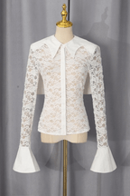 Dara White Lace Flare Cuff Collared Blouse Avalabel