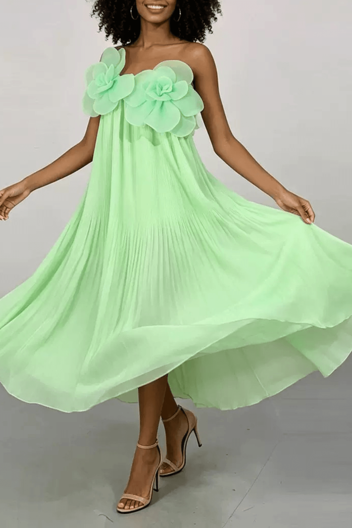 Aria Green 3D Floral Off Shoulder Pleated Midi Dress Avalabel