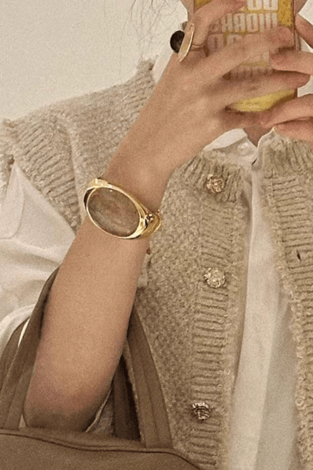 Gold Oval Natural Stone Open Cuff Bracelet Avalabel
