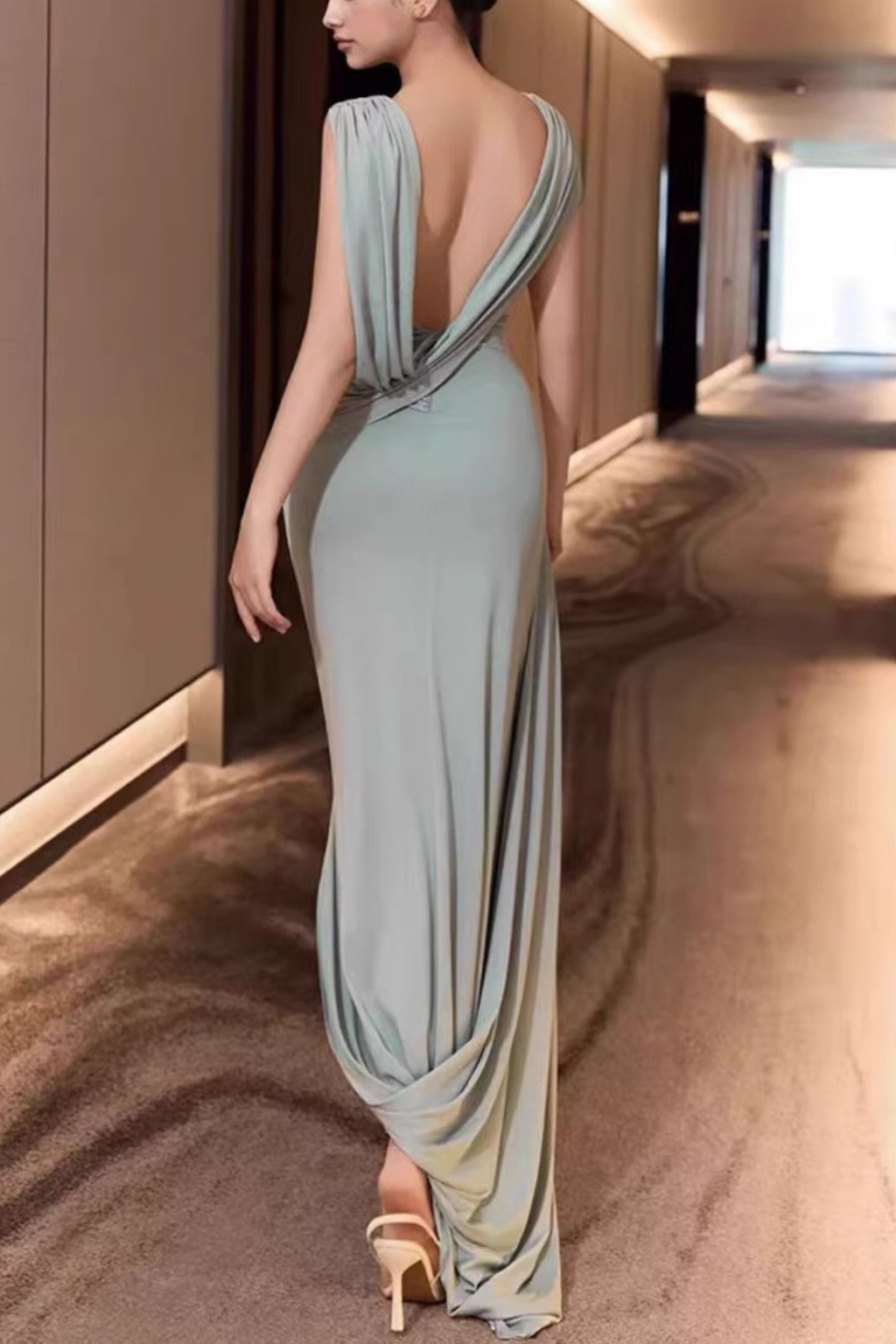 Willa Boat Neck Sleeveless Twist Waist Draped Train Maxi Dress Avalabel