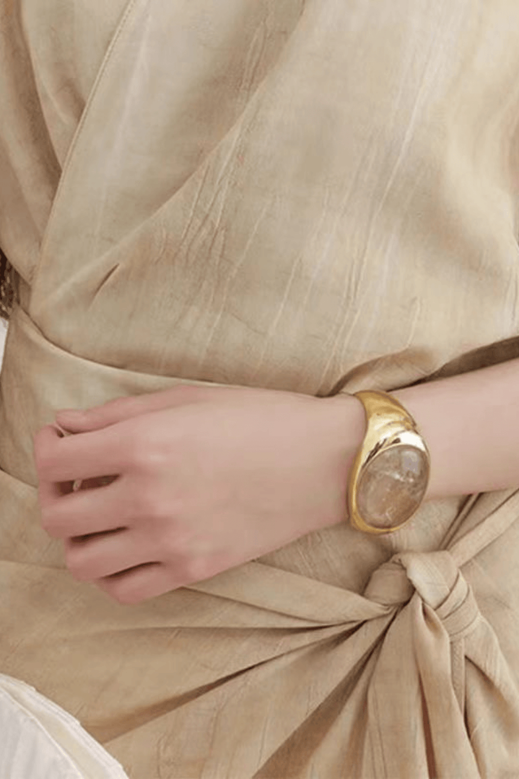 Gold Oval Natural Stone Open Cuff Bracelet Avalabel