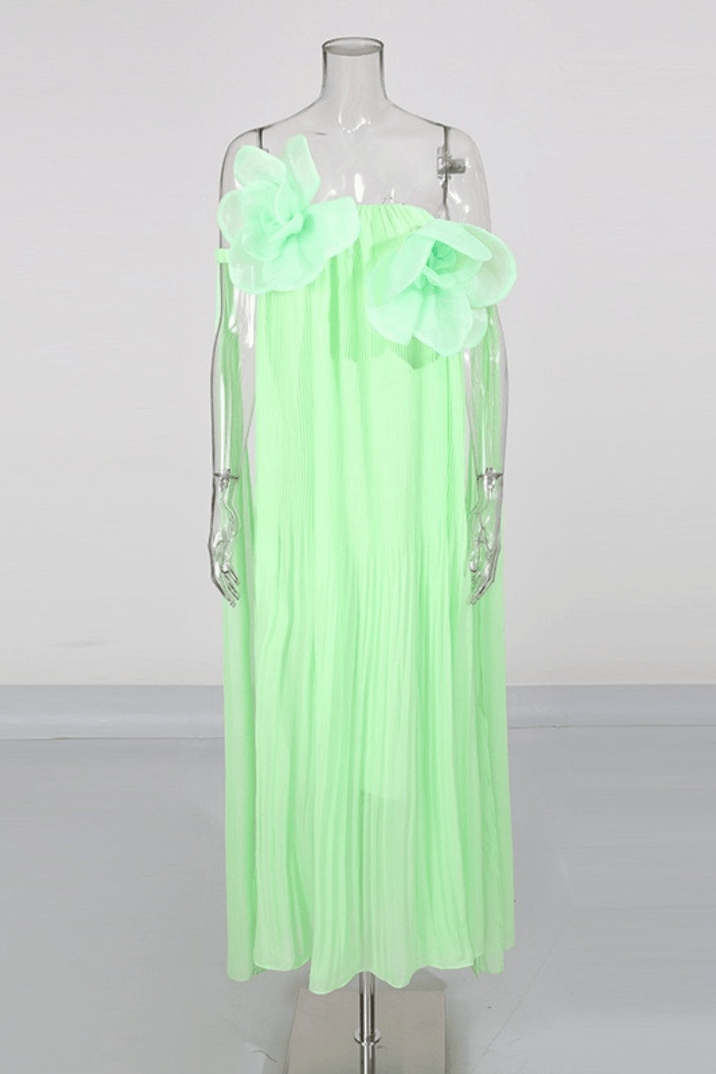 Aria Green 3D Floral Off Shoulder Pleated Midi Dress Avalabel