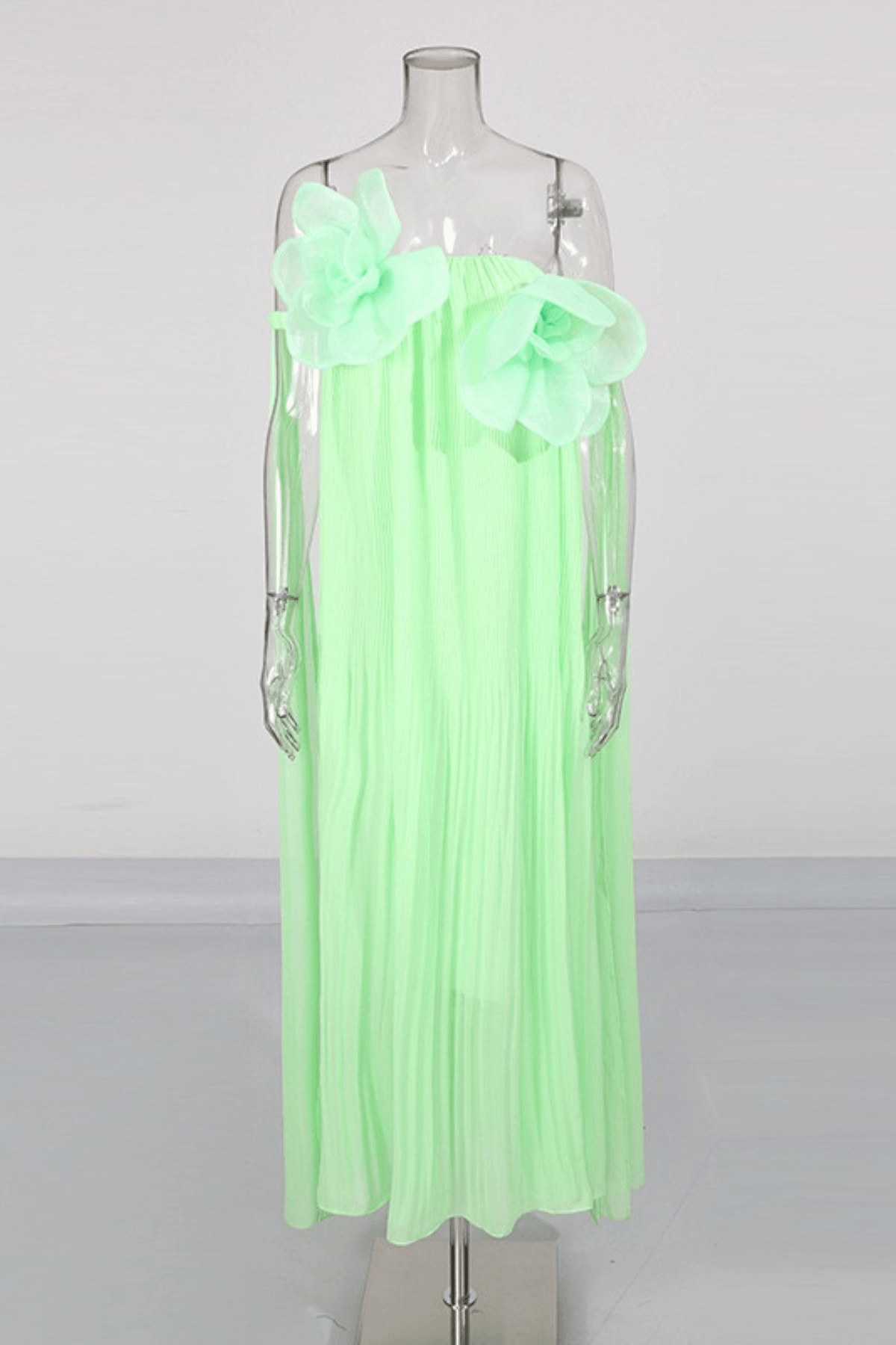 Aria Green 3D Floral Off Shoulder Pleated Midi Dress Avalabel