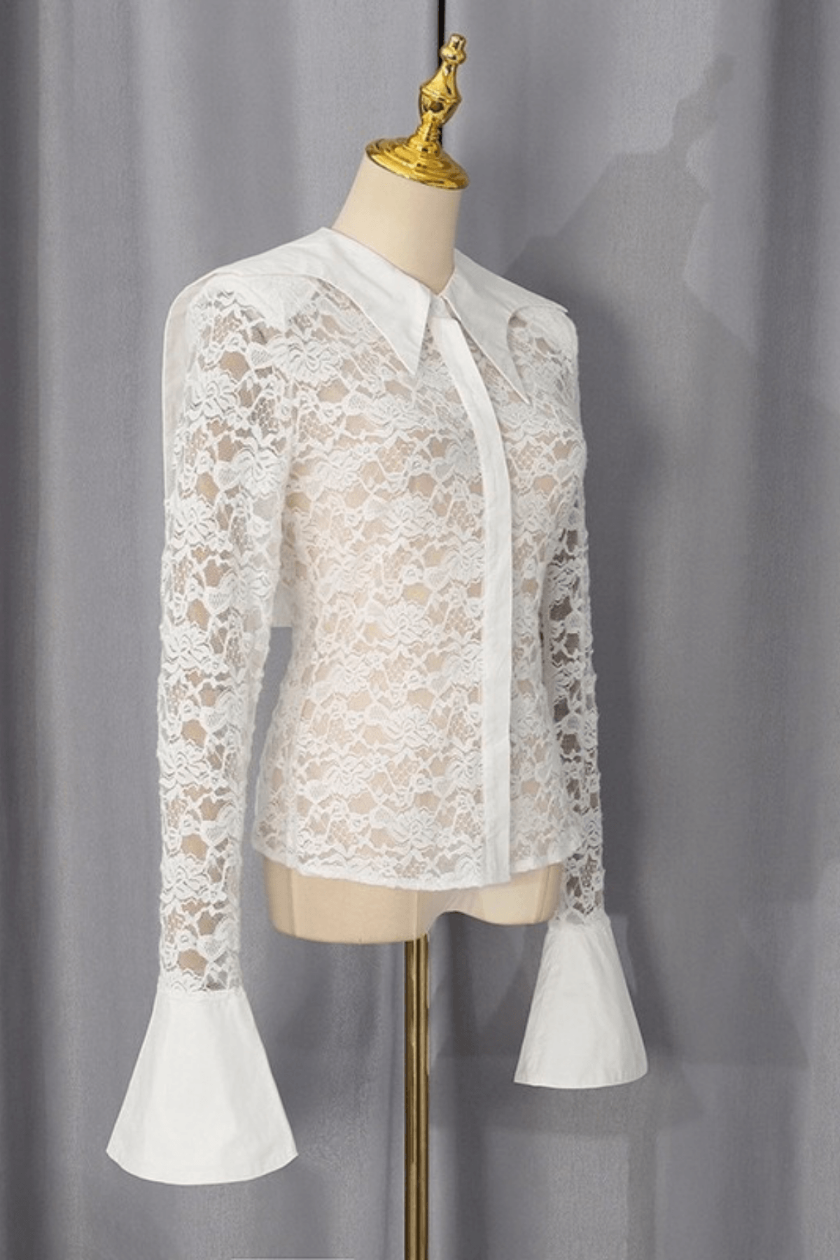 Dara White Lace Flare Cuff Collared Blouse Avalabel