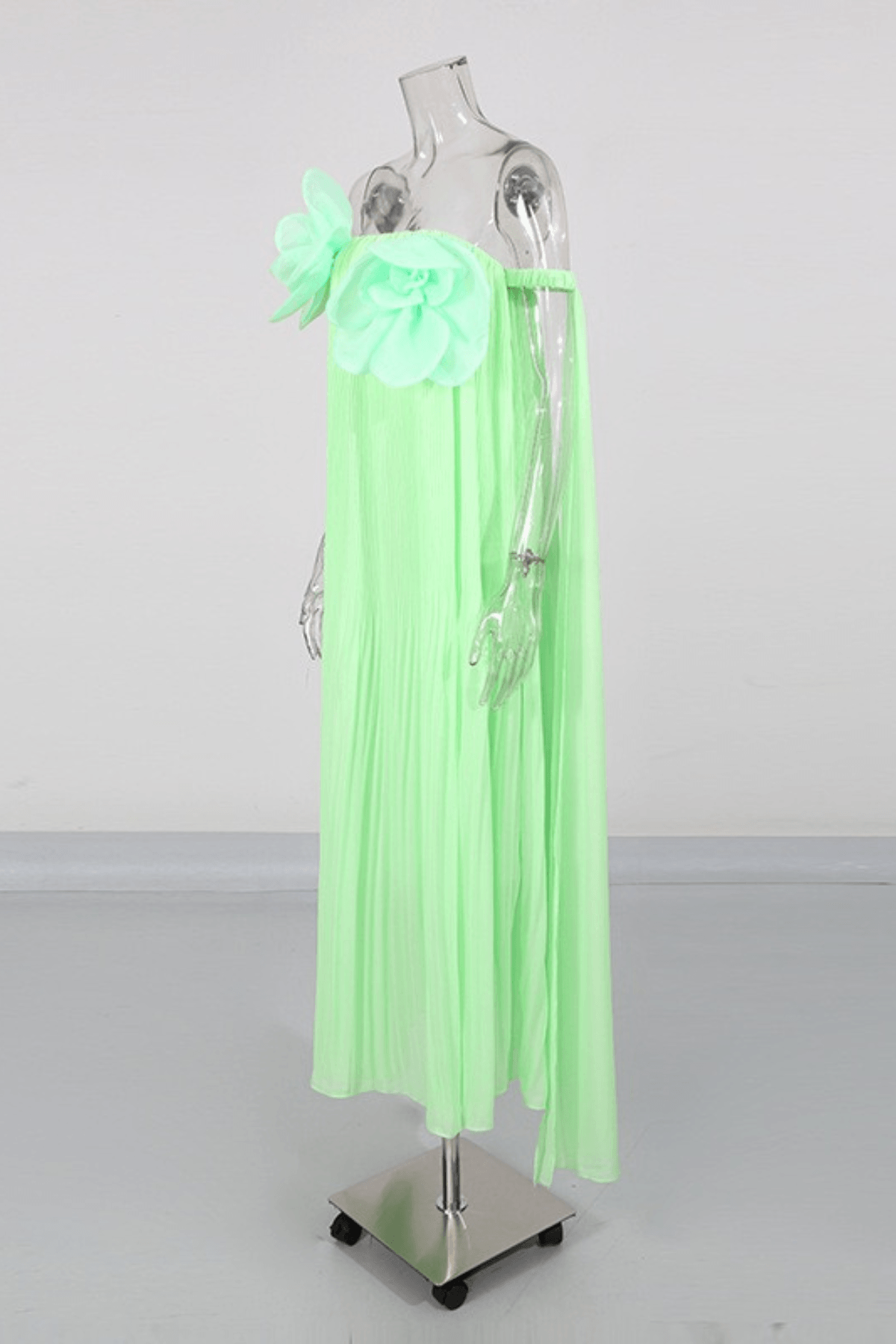 Aria Green 3D Floral Off Shoulder Pleated Midi Dress Avalabel