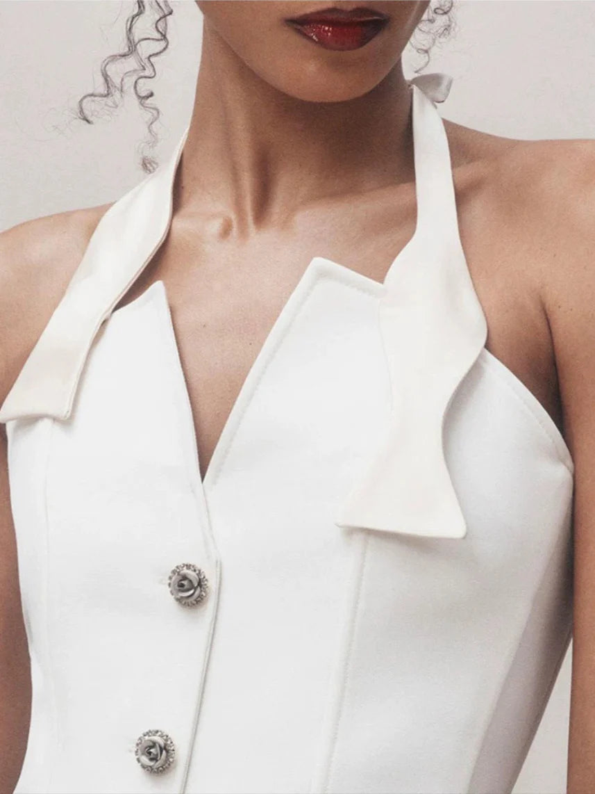 Halter Neck Vest Flower Embellished Pants Suit in Ivory Avalabel