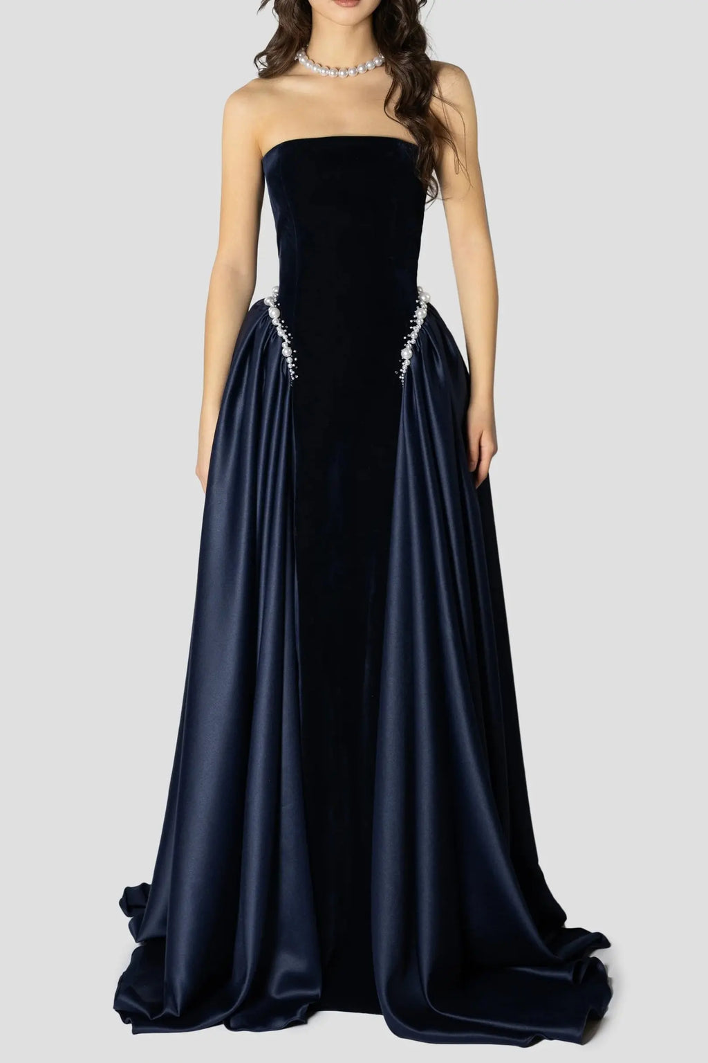 samantha Dark Blue Pearls Embroidered strapless maxi Dress Avalabel