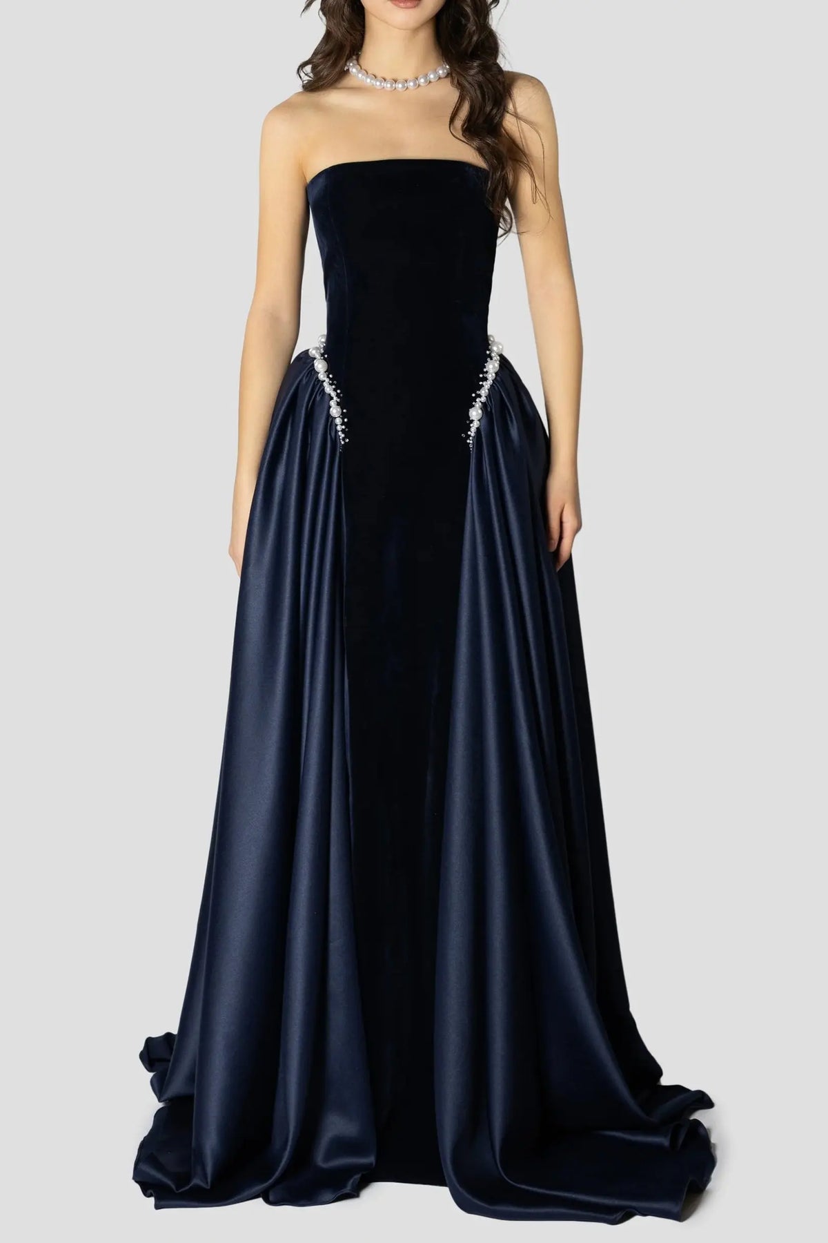 samantha Dark Blue Pearls Embroidered strapless maxi Dress Avalabel
