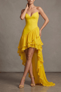 Janis Yellow Strapless Pearl Trim Ruffle Dress Avalabel