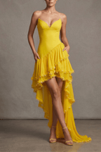 Janis Yellow Strapless Pearl Trim Ruffle Dress Avalabel