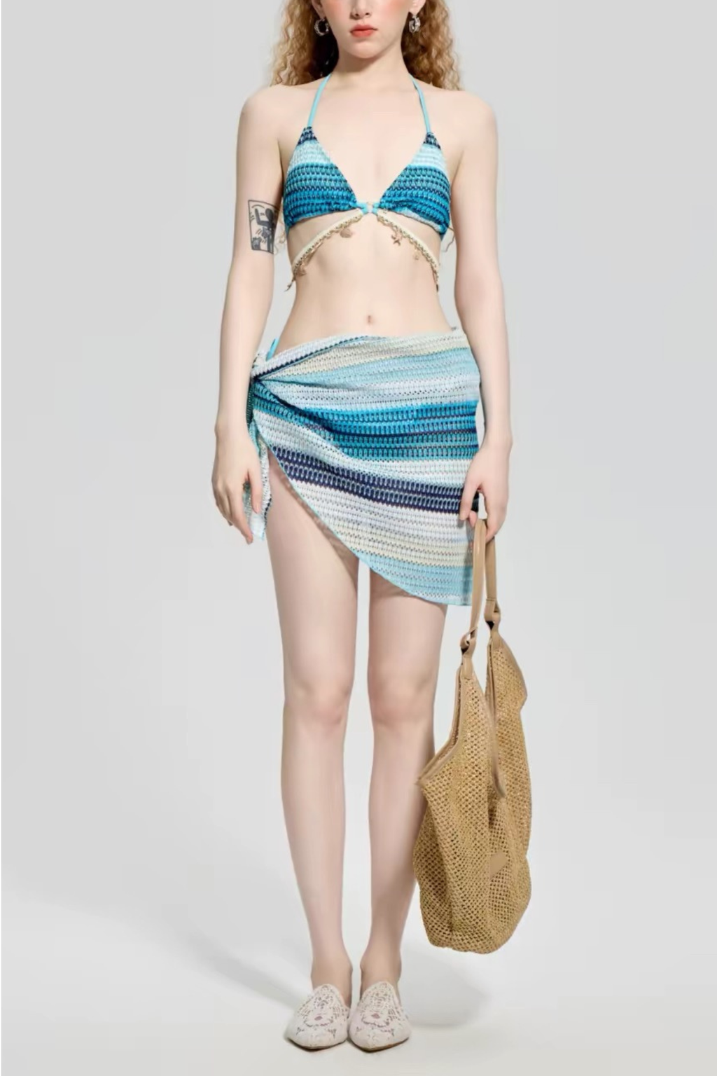 Marina Blue Stripe Crochet Three-Piece Bikini Sarong Swimsuit Avalabel