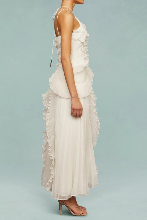 Alva Sleeveless Folds Slit Maxi Dress in Light White Avalabel