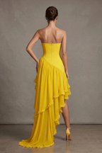 Janis Yellow Strapless Pearl Trim Ruffle Dress Avalabel