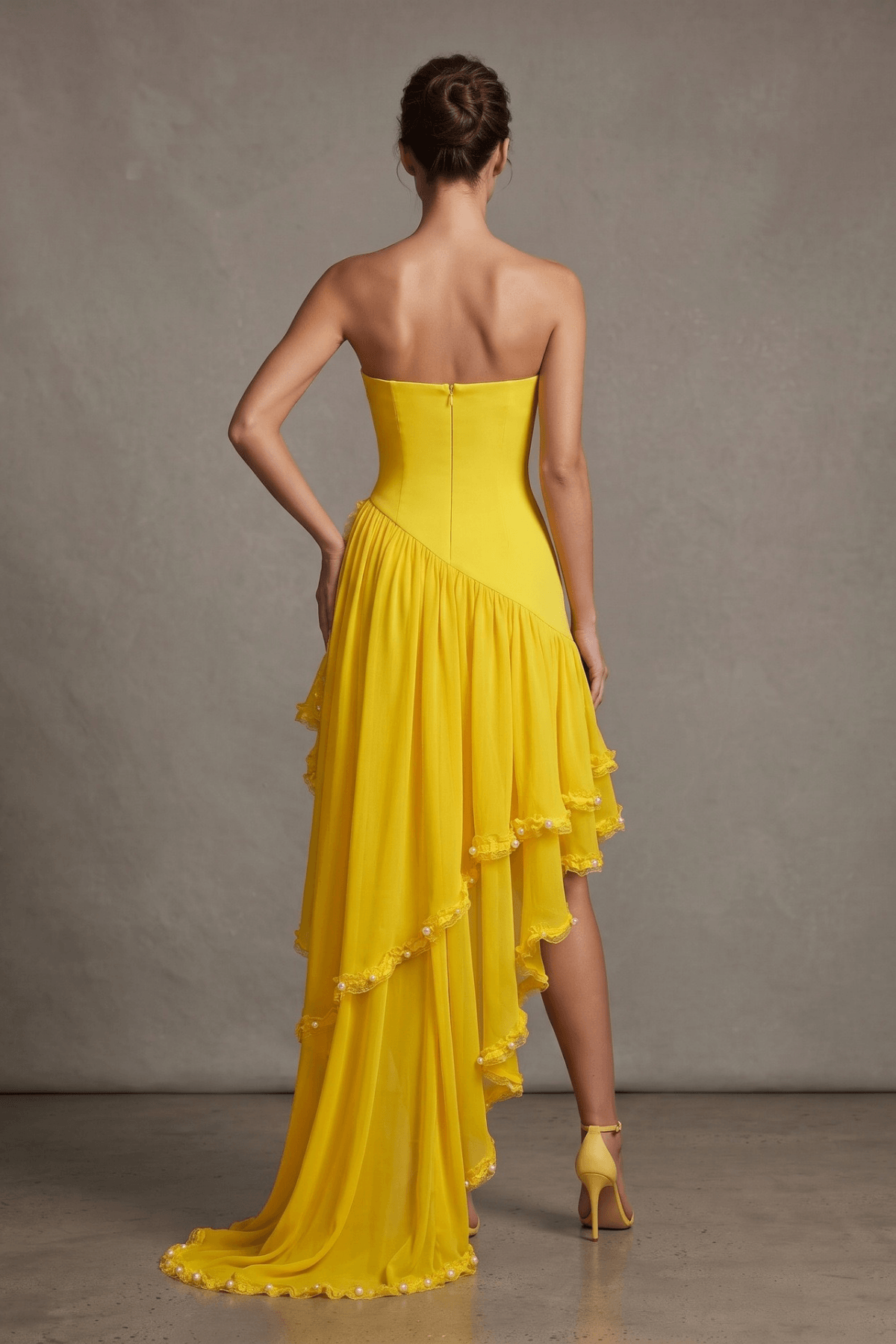Janis Yellow Strapless Pearl Trim Ruffle Dress Avalabel