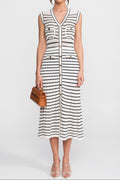 Striped Sleeveless Knit Midi Dress With V-Neck And Gold Buttons - White/Black Avalabel