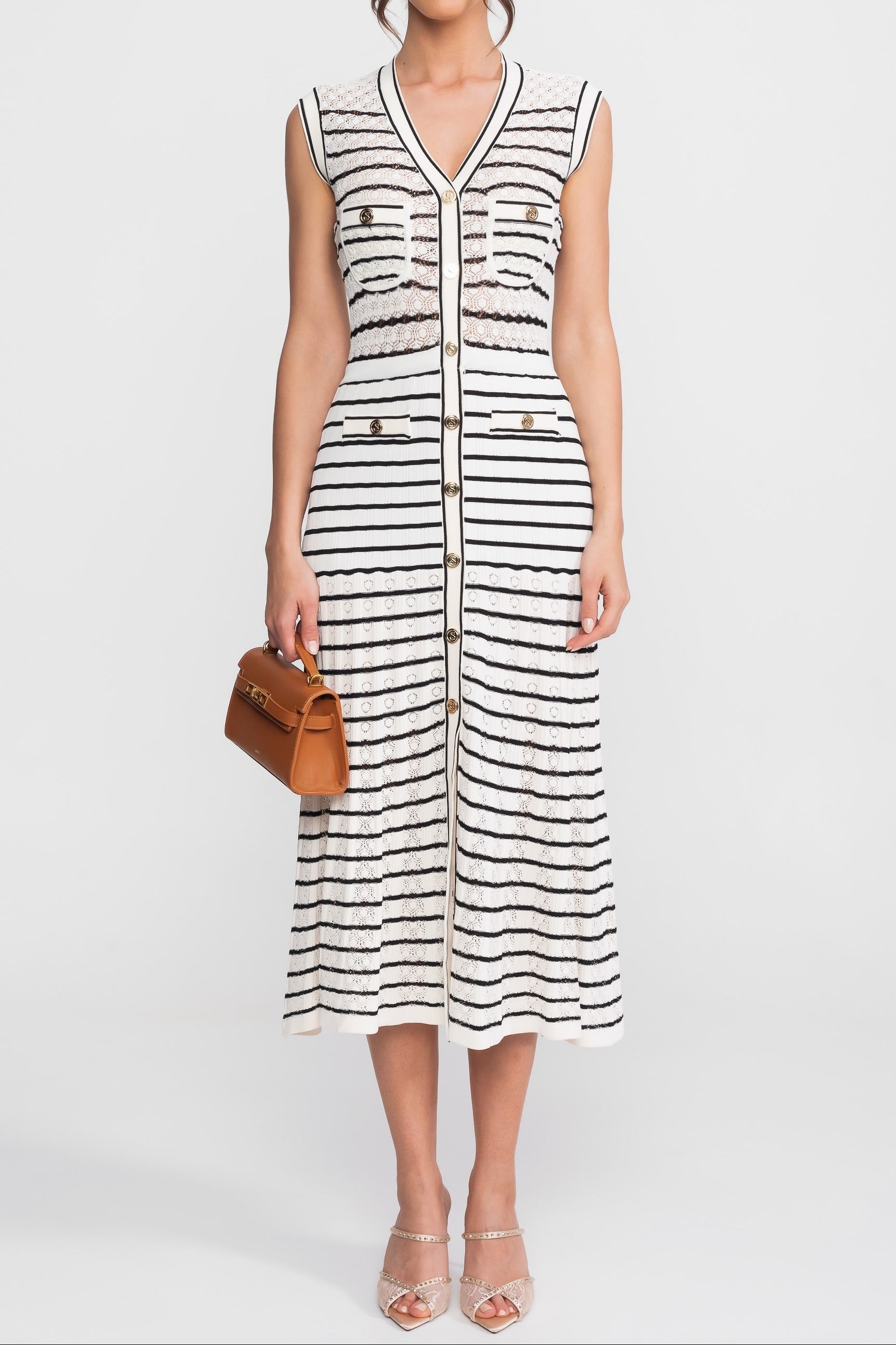 Striped Sleeveless Knit Midi Dress With V-Neck And Gold Buttons - White/Black Avalabel