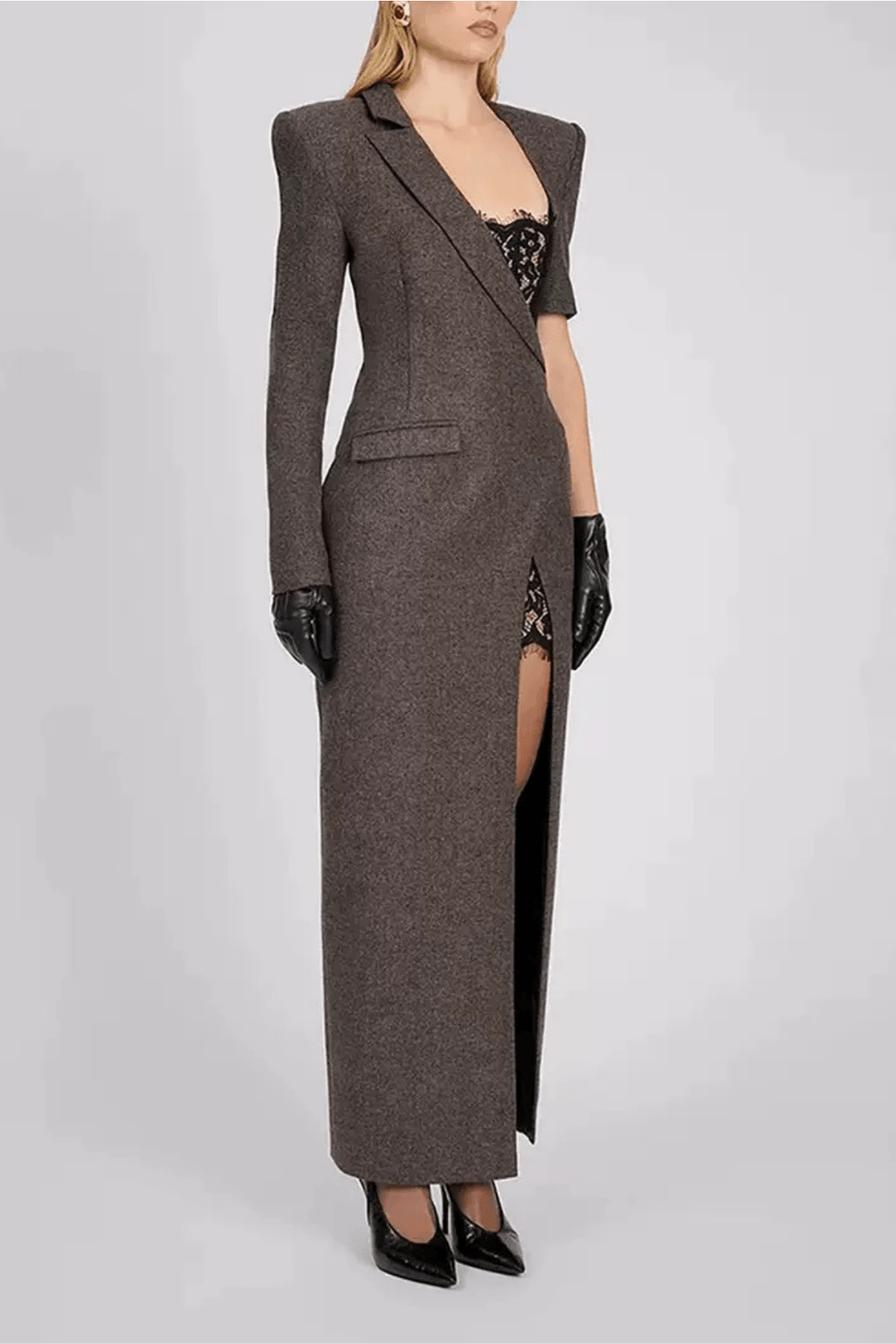 Joyce Gray Lace Detail Long Sleeve Slit Maxi Dress Avalabel