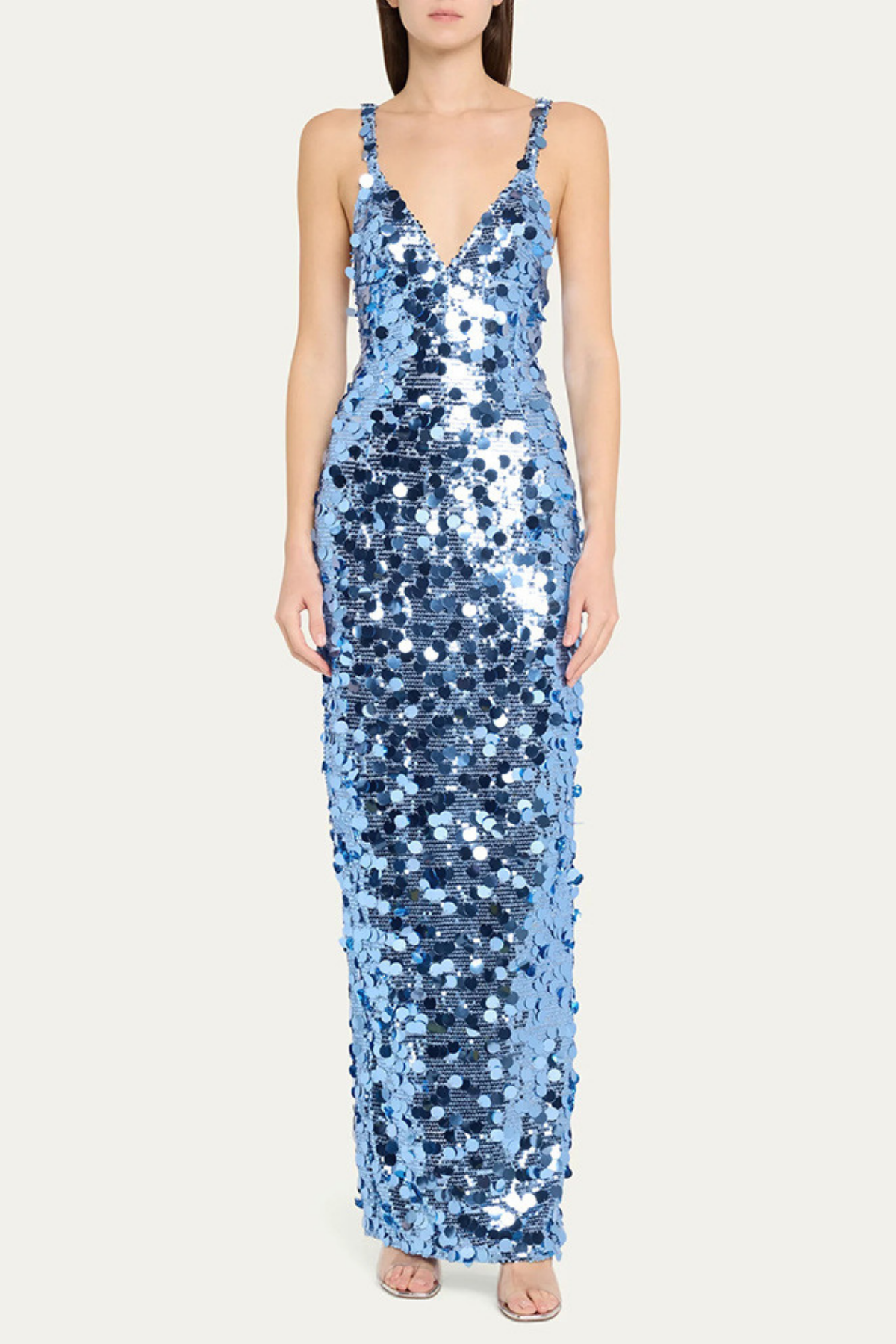 Zoey Blue Sequin V-Neck Spaghetti Strap Maxi Dress Avalabel