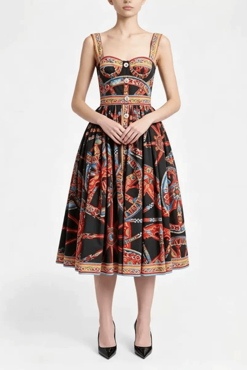 Sicilian Cart Print Wide Strap Button Front Dress Avalabel
