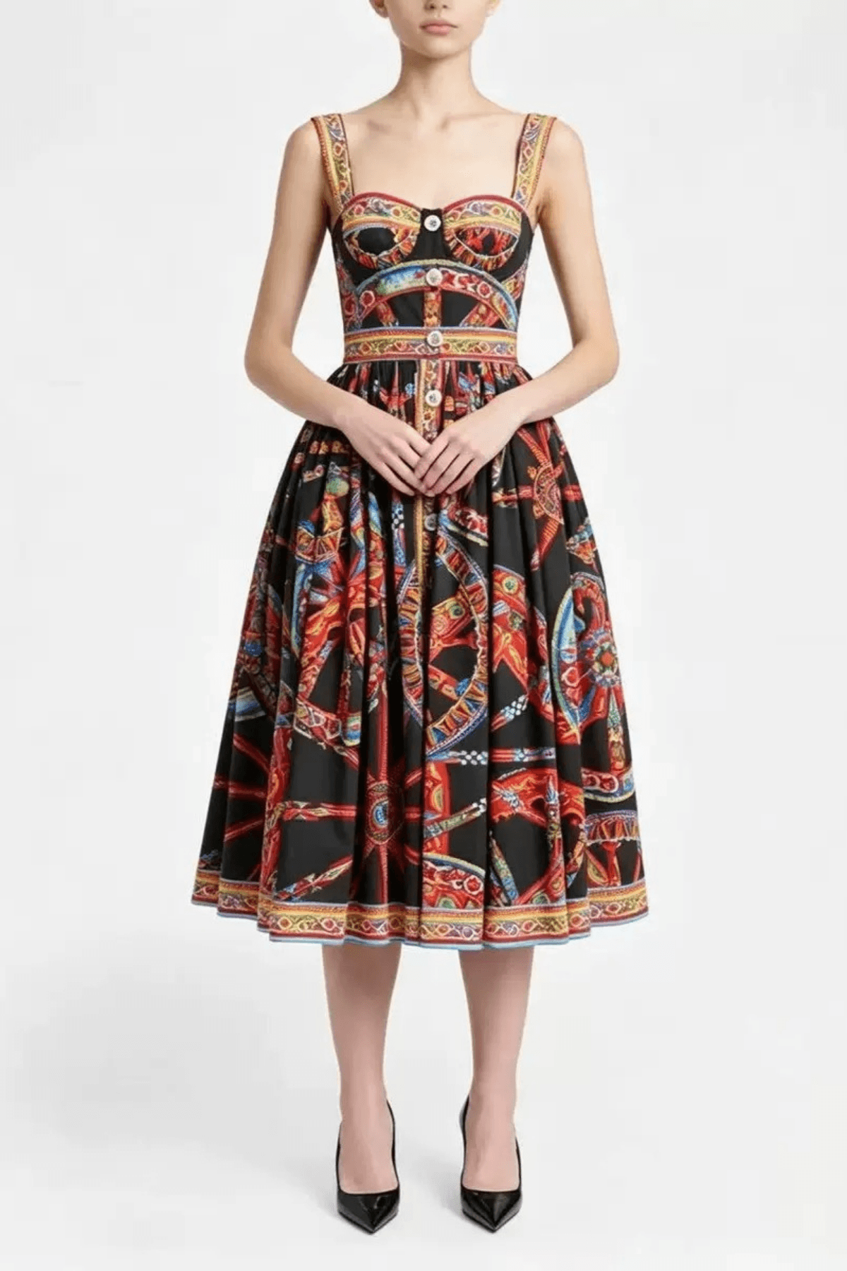 Sicilian Cart Print Wide Strap Button Front Dress Avalabel
