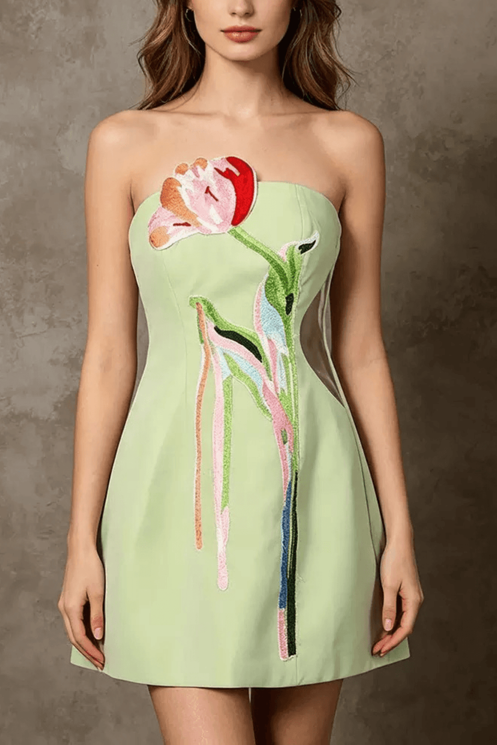 Dinah Strapless Tulip Embroidery Mini Dress Avalabel