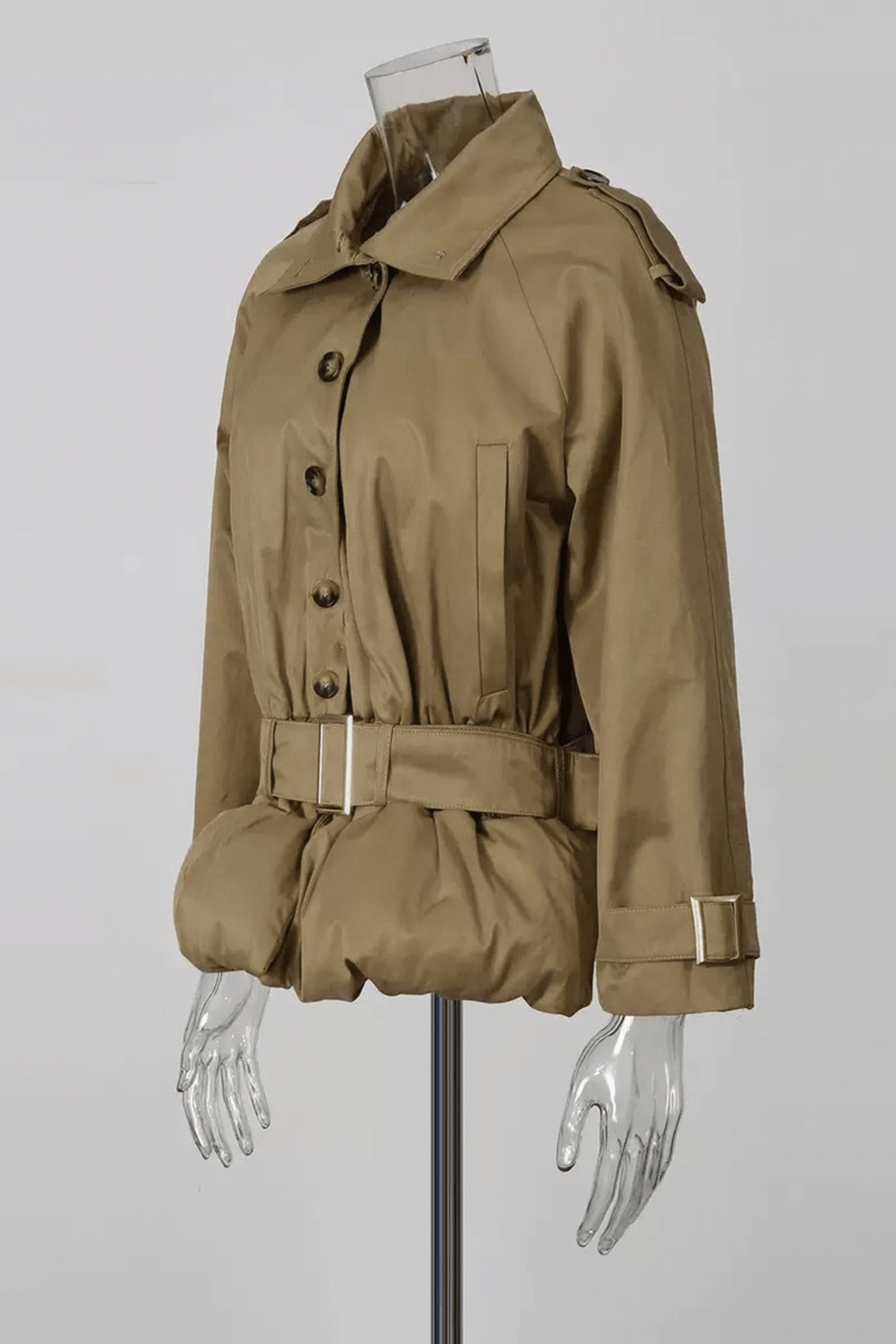 Brett Khaki High Collar Belted Peplum Jacket Avalabel