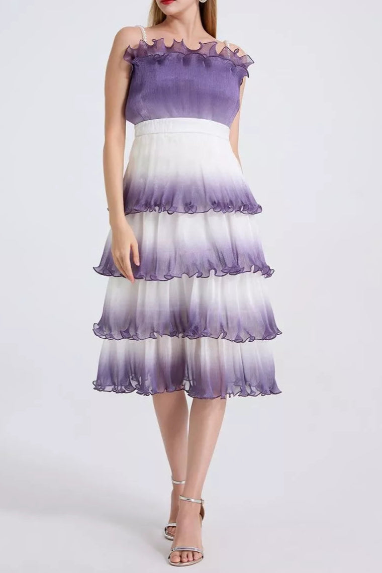 Purple Gradient Pleated Ruffle Trim Layered Mini Dress Avalabel