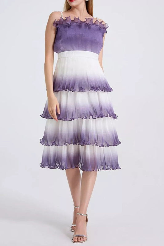 Purple Gradient Pleated Ruffle Trim Layered Mini Dress