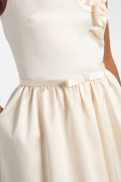 Polly Floral-Appliqué Satin Midi Dress in Ivory