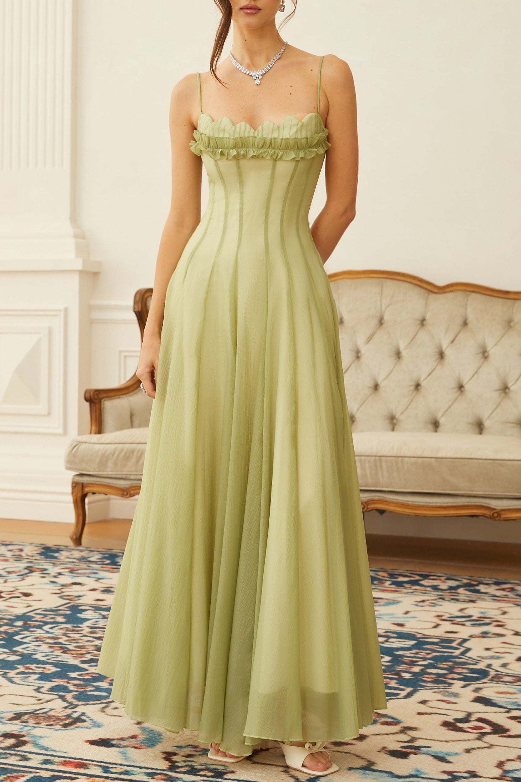 Matcha Ruffled Shirred Tulle Maxi Dress Avalabel
