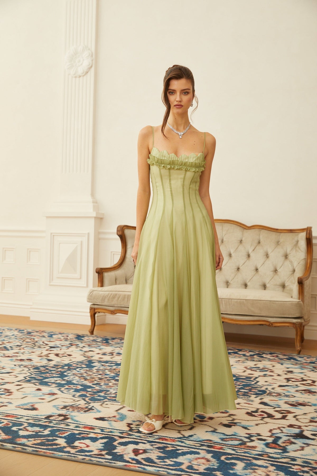 Matcha Ruffled Shirred Tulle Maxi Dress Avalabel