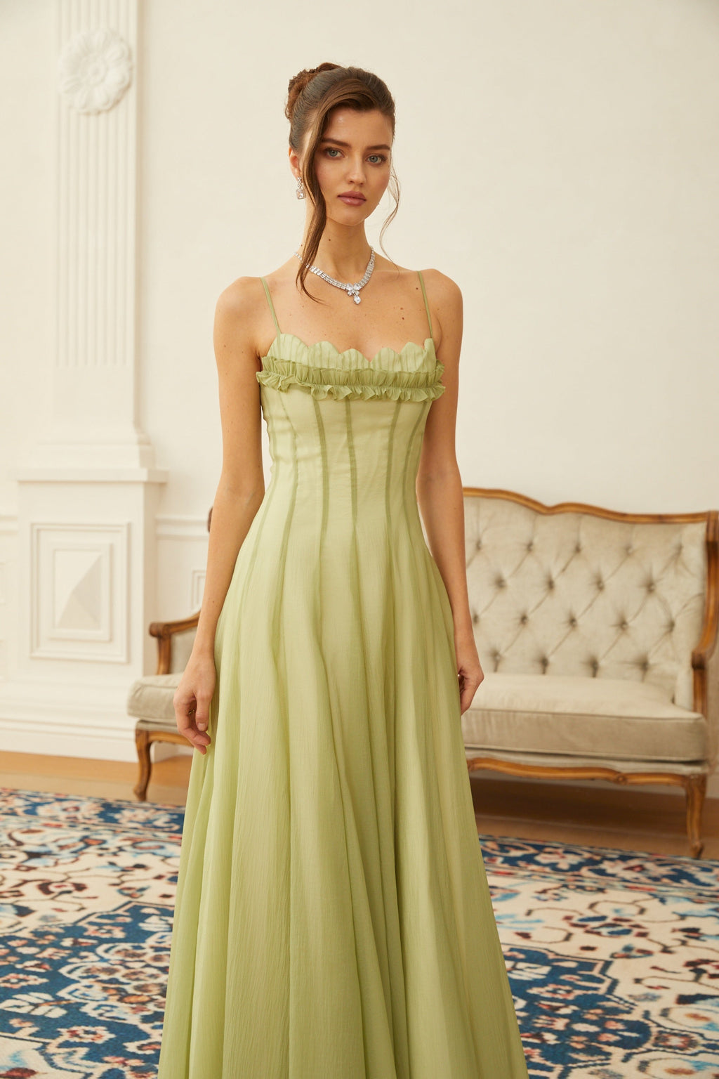 Matcha Ruffled Shirred Tulle Maxi Dress Avalabel