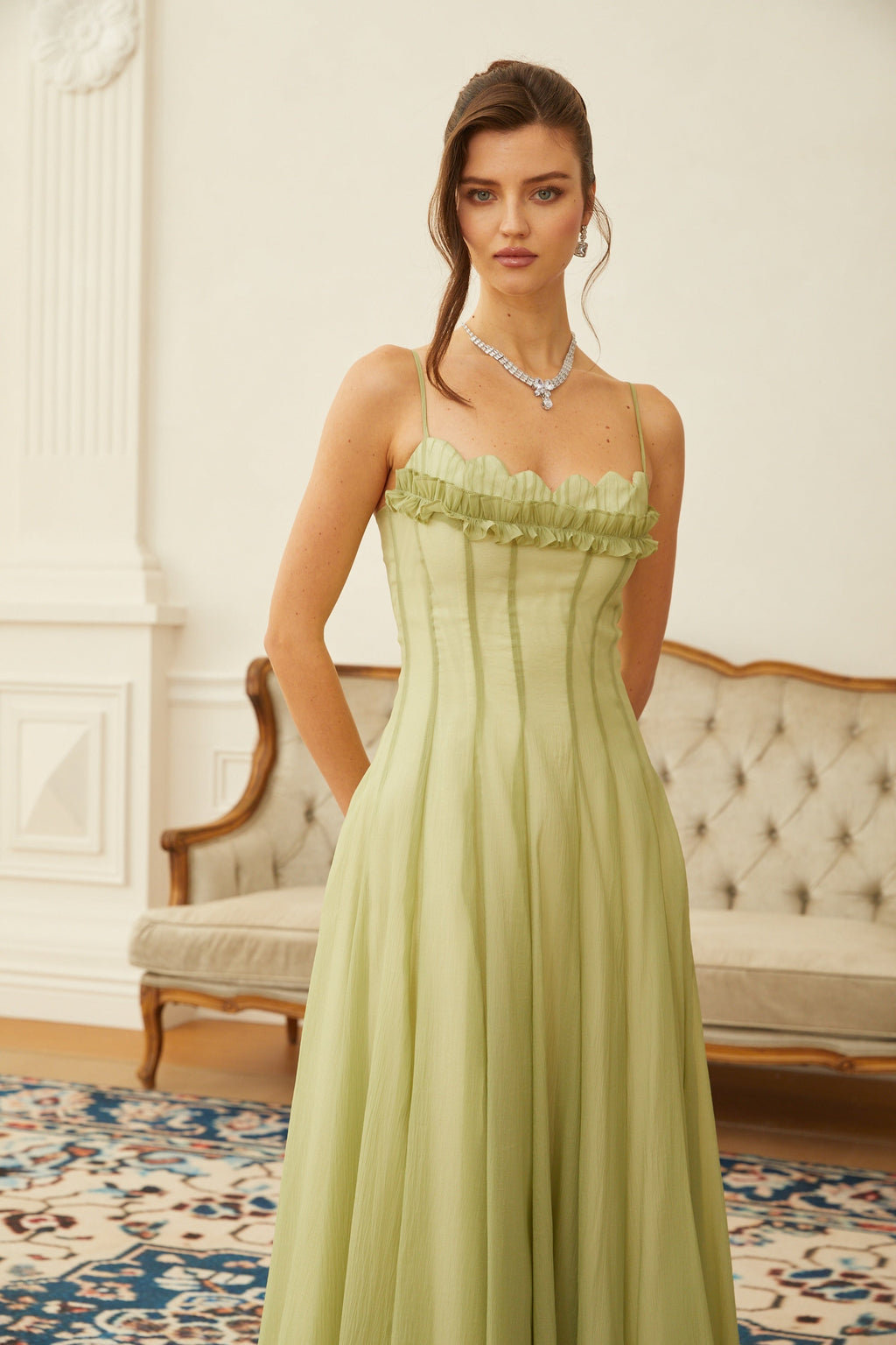 Matcha Ruffled Shirred Tulle Maxi Dress Avalabel