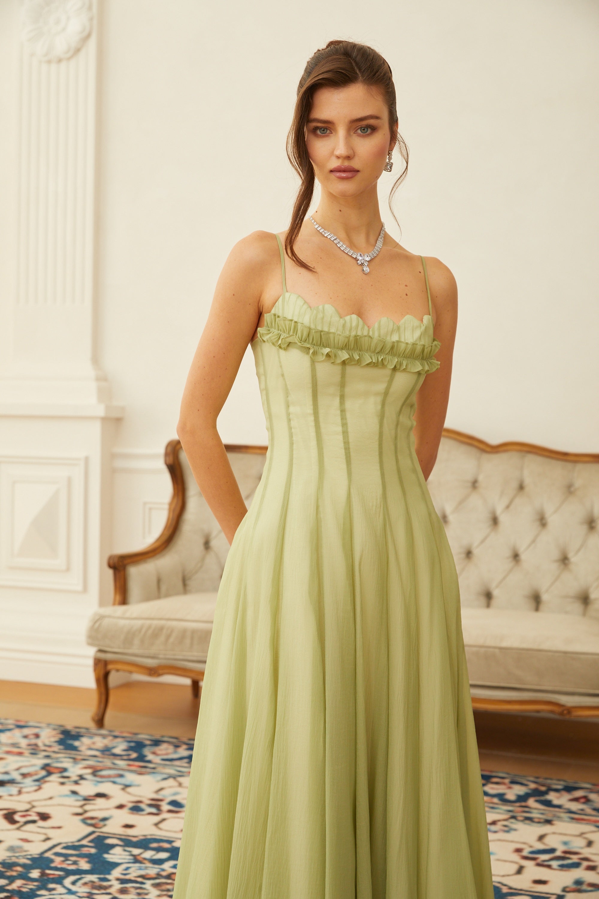 Matcha Ruffled Shirred Tulle Maxi Dress Avalabel